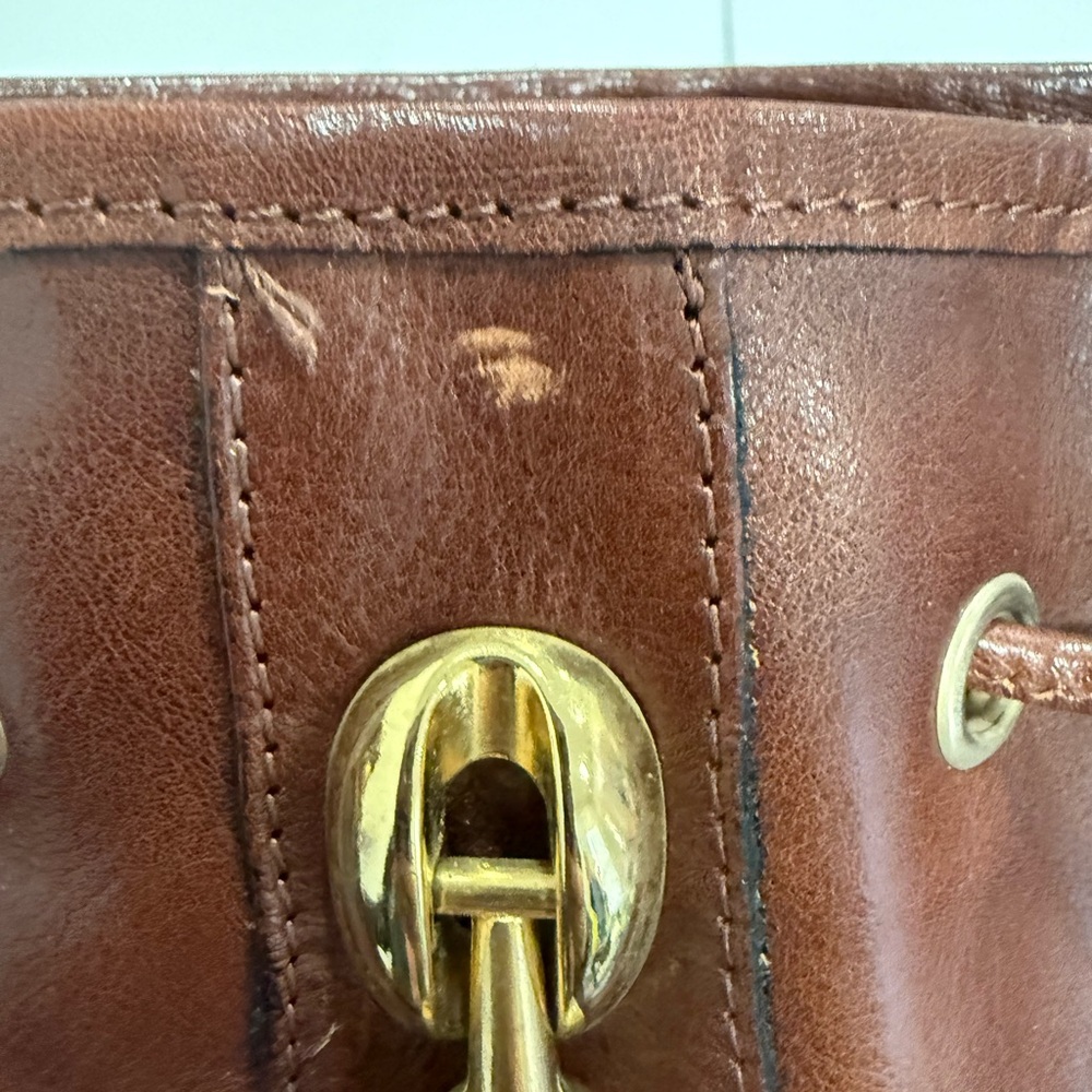 Valentina Brown Leather Drawstring Shoulder Bag with Gold Hardware - Picture 7 of 12